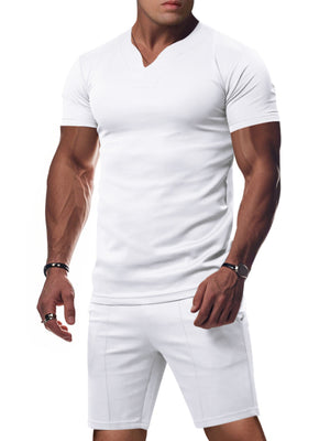 White V-neck tee with notched collar and matching shorts set for men.