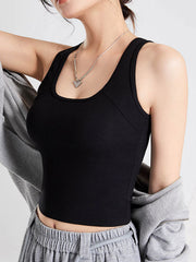 Black sculpted back crop tank with scoop neckline and racerback detail