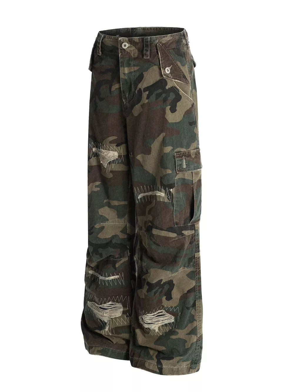 Distressed camouflage cargo pants for men with ripped details and visible stitching.
