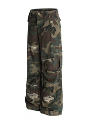 Distressed camouflage cargo pants for men with ripped details and visible stitching.