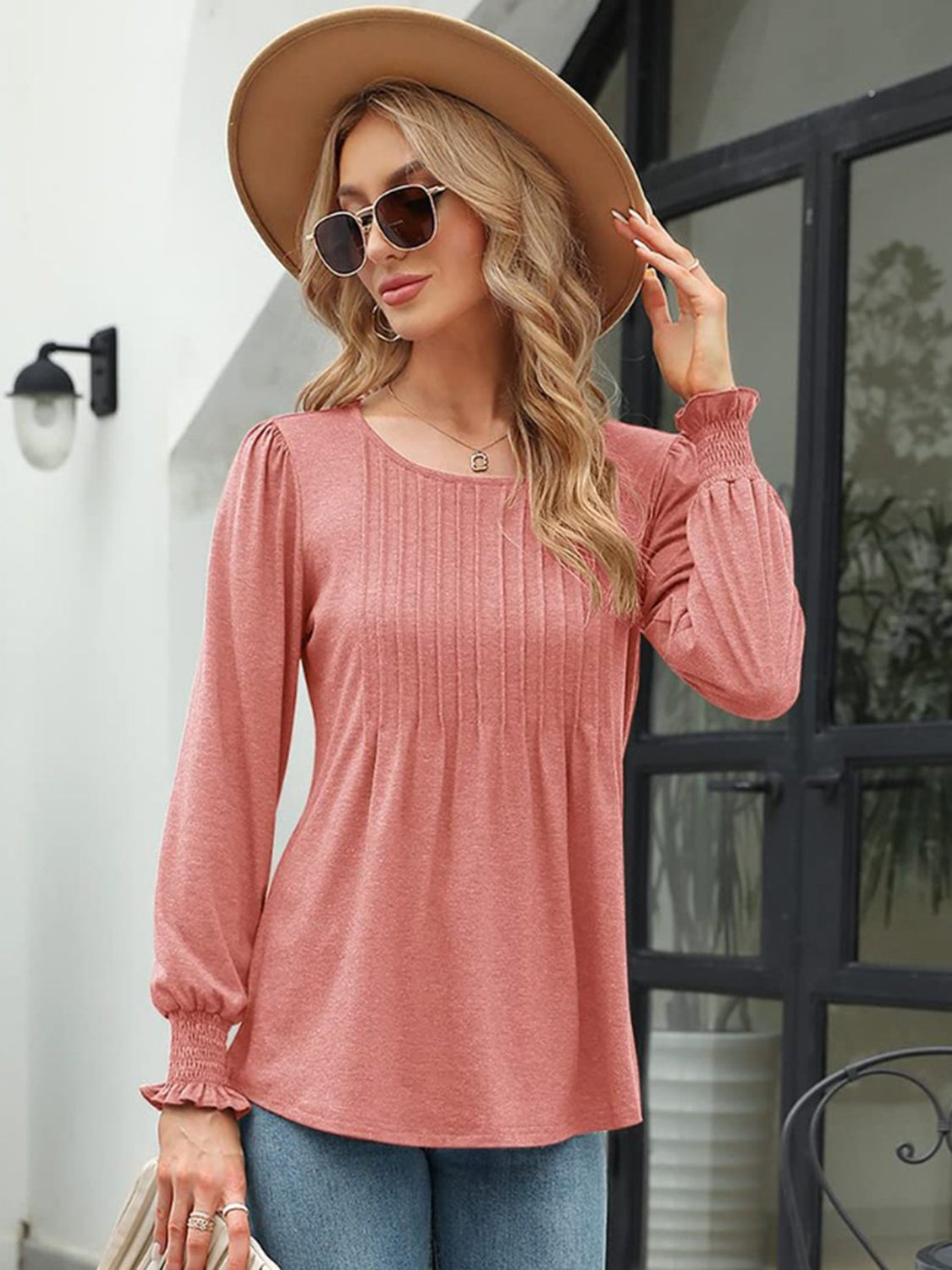 Burnt Coral pleated bodice blouse with gathered sleeves and smocked cuffs.