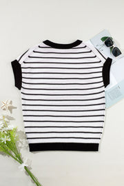 Striped knit sweater with black trim and crew neck.