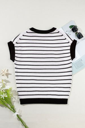 Striped knit sweater with black trim and crew neck.