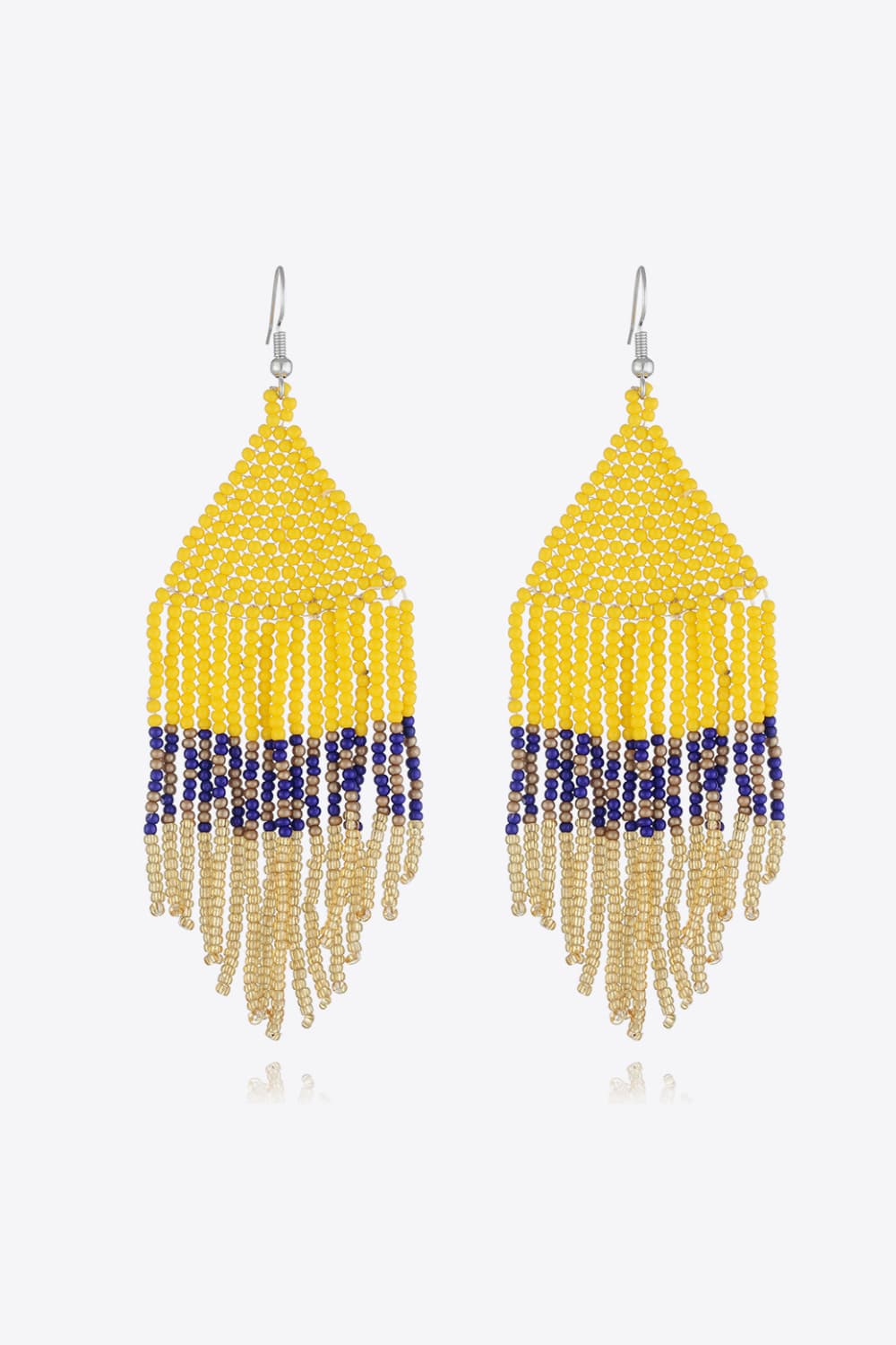 Yellow beaded earrings with royal blue and gold fringe detail