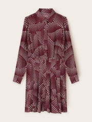 Burgundy mini shirt dress with white heart dot print, button front, long sleeves, and A-line skirt.