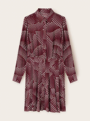 Burgundy mini shirt dress with white heart dot print, button front, long sleeves, and A-line skirt.