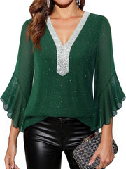 Green sequin V-neck blouse with bell sleeves and silver sequin trim.