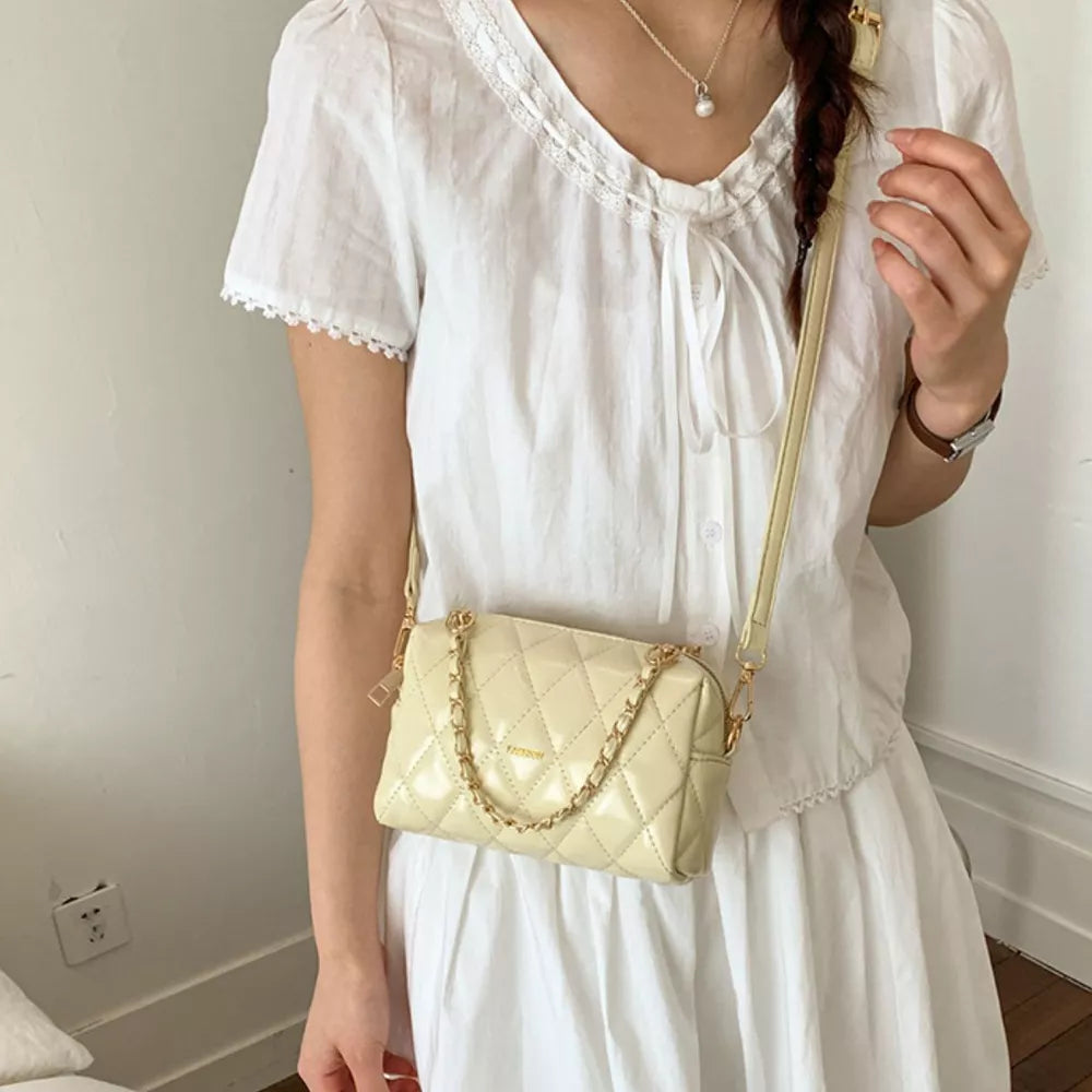 Quilted Chain Strap Crossbody Bag in Yellow, front view