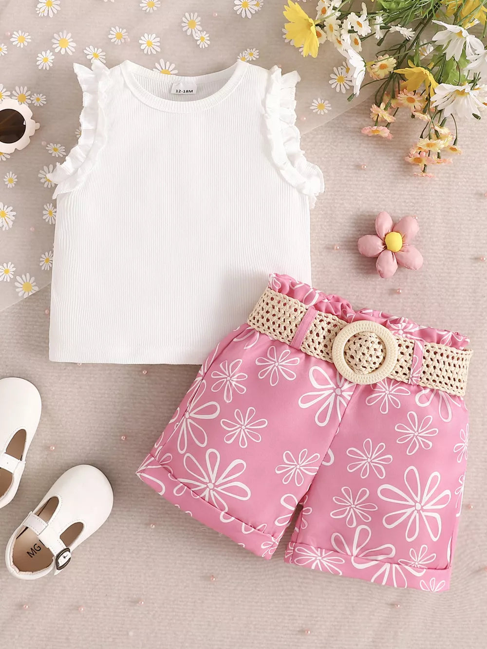Children's Frill Sleeveless Top And Belt Shorts Set, fabric detail