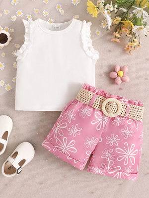 Children's Frill Sleeveless Top And Belt Shorts Set, fabric detail