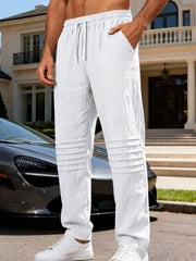 Men's white linen-blend drawstring sweatpants with pleated detail