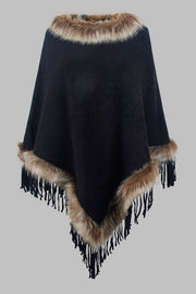 Black textured knit poncho with faux fur trim and fringe details