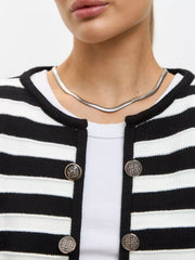 Black and white striped knit button-up cardigan with ornate buttons