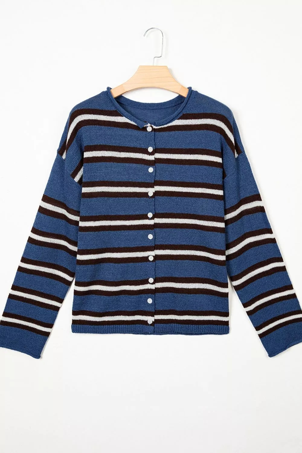 Striped Drop Shoulder Button Cardigan in Dusty Blue, product detail