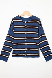 Striped Drop Shoulder Button Cardigan in Dusty Blue, product detail