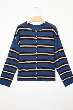 Striped Drop Shoulder Button Cardigan in Dusty Blue, product detail