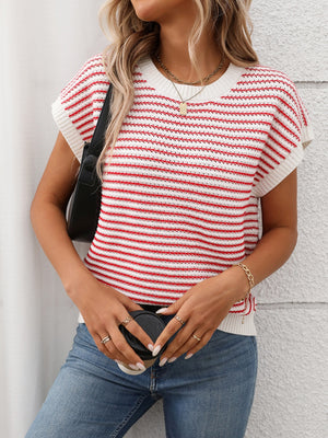 Horizontal stripe knit shell top in red and white with a crew neck and short sleeves.