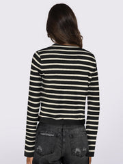 Black and white striped cropped cardigan with long sleeves.
