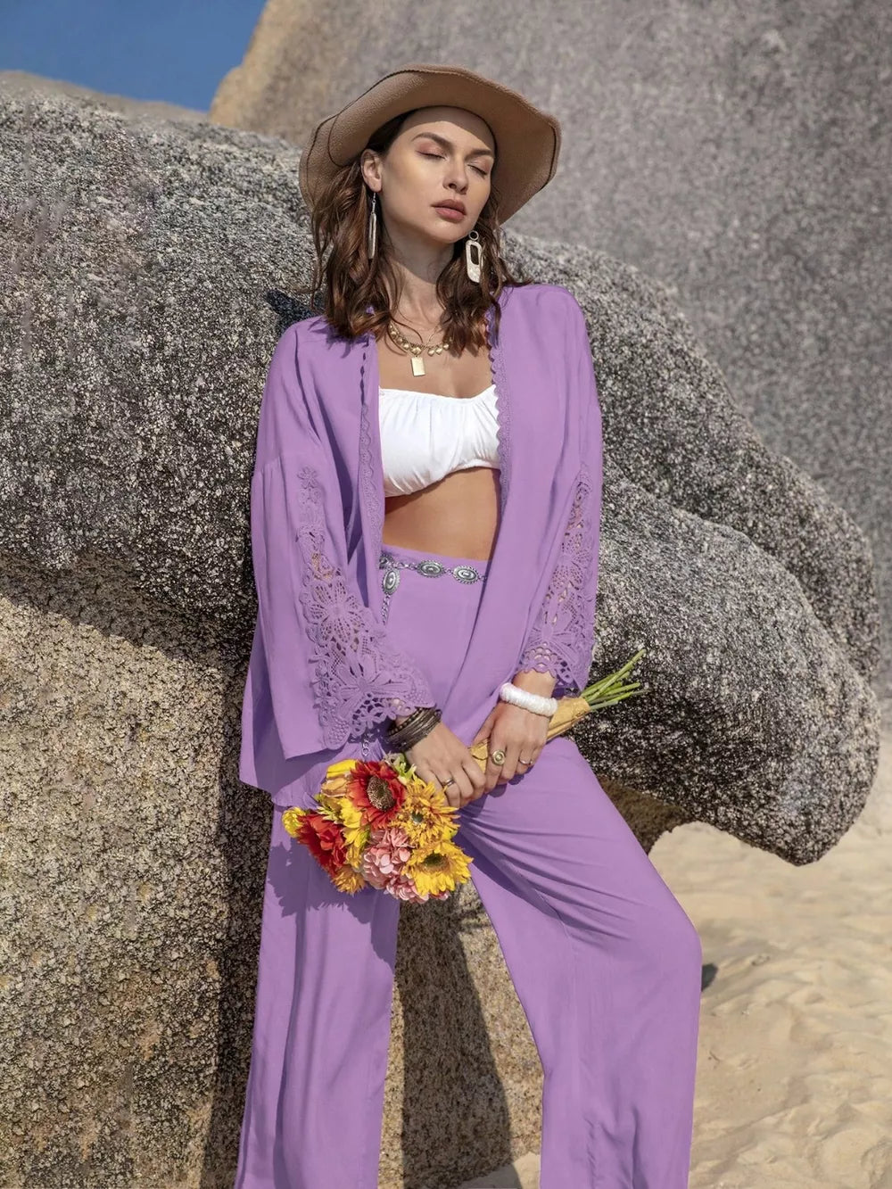 Lavender lace-embellished open front set with wide leg pants and a white bralette.