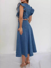 Ruffled denim midi dress with belt, buttoned front, and flared skirt.