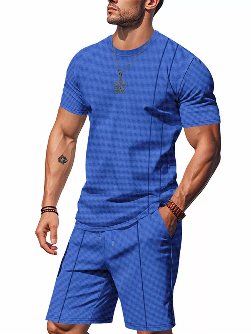 Royal blue waffle-knit two-piece set with crew neck t-shirt and drawstring shorts.