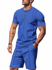 Royal blue waffle-knit two-piece set with crew neck t-shirt and drawstring shorts.