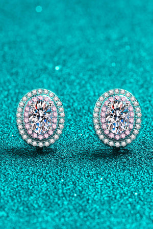 Halo moissanite stud earrings with pink accents and white diamond halo