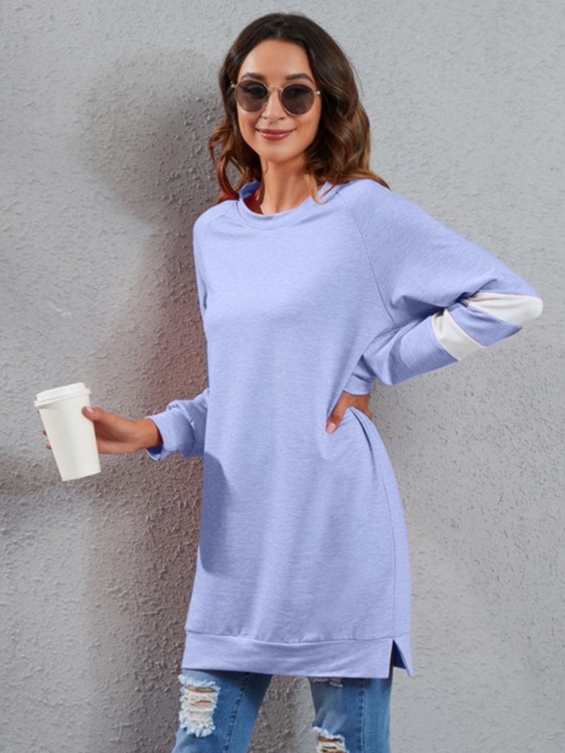 Varsity Stripe Raglan Sweatshirt Dress in Blue Purple with white sleeve stripes, 100% polyester.