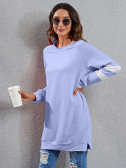 Varsity Stripe Raglan Sweatshirt Dress in Blue Purple with white sleeve stripes, 100% polyester.