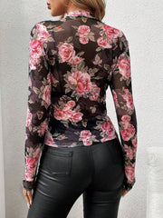 Black mesh bodysuit with pink roses and butterflies, long sleeves, high neck