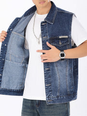 Men's vintage washed denim vest with button-down front and chest pockets.