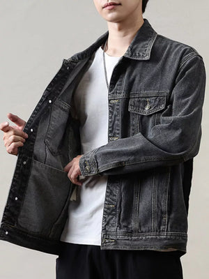Men's Classic Washed Denim Jacket Plus Size in Dark Gray, close-up detail