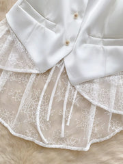 White lace-embellished button-down vest coat with satin lapels and decorative buttons.