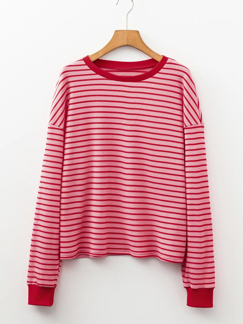 red t-shirt featuring drop shoulder and striped