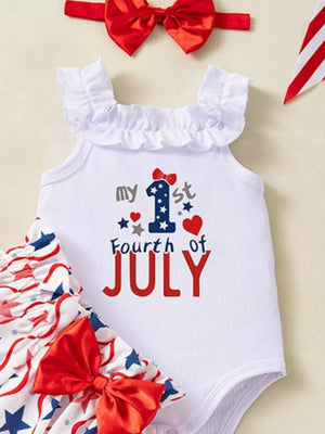 White baby onesie with ruffled neckline and "My 1st Fourth of July" graphic, paired with star print bloomer shorts and red