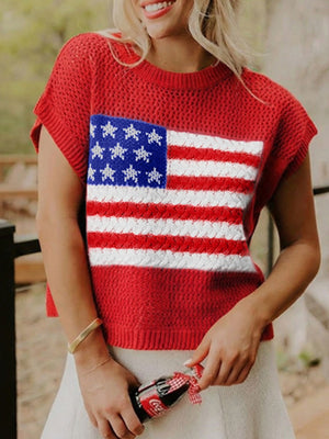 Red knit short-sleeve top with American flag detail.