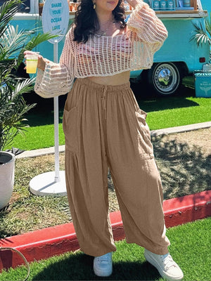 Camel linen balloon trousers with cargo pockets and drawstring waist