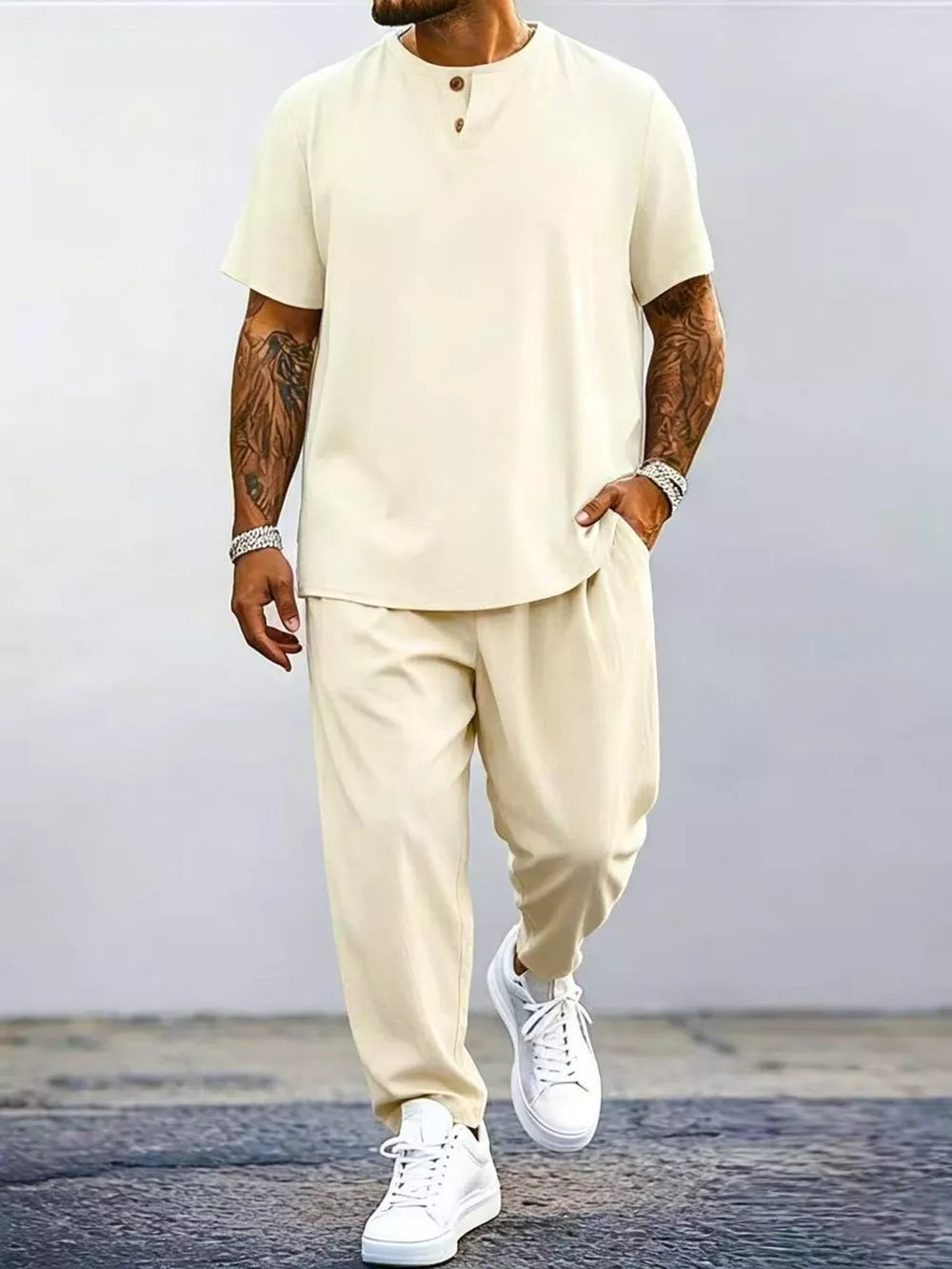 Men's Plus Size Casual Short Sleeve Top And Pants Set, side view