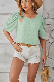 Light Green Textured Puff-Sleeve Blouse with Pom-Pom Details