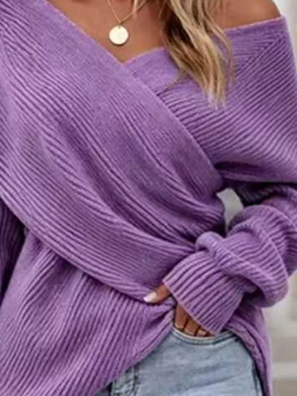 Crisscross Ribbed Knit Long Sleeve Sweater in Black, side view