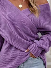 Crisscross Ribbed Knit Long Sleeve Sweater in Black, side view