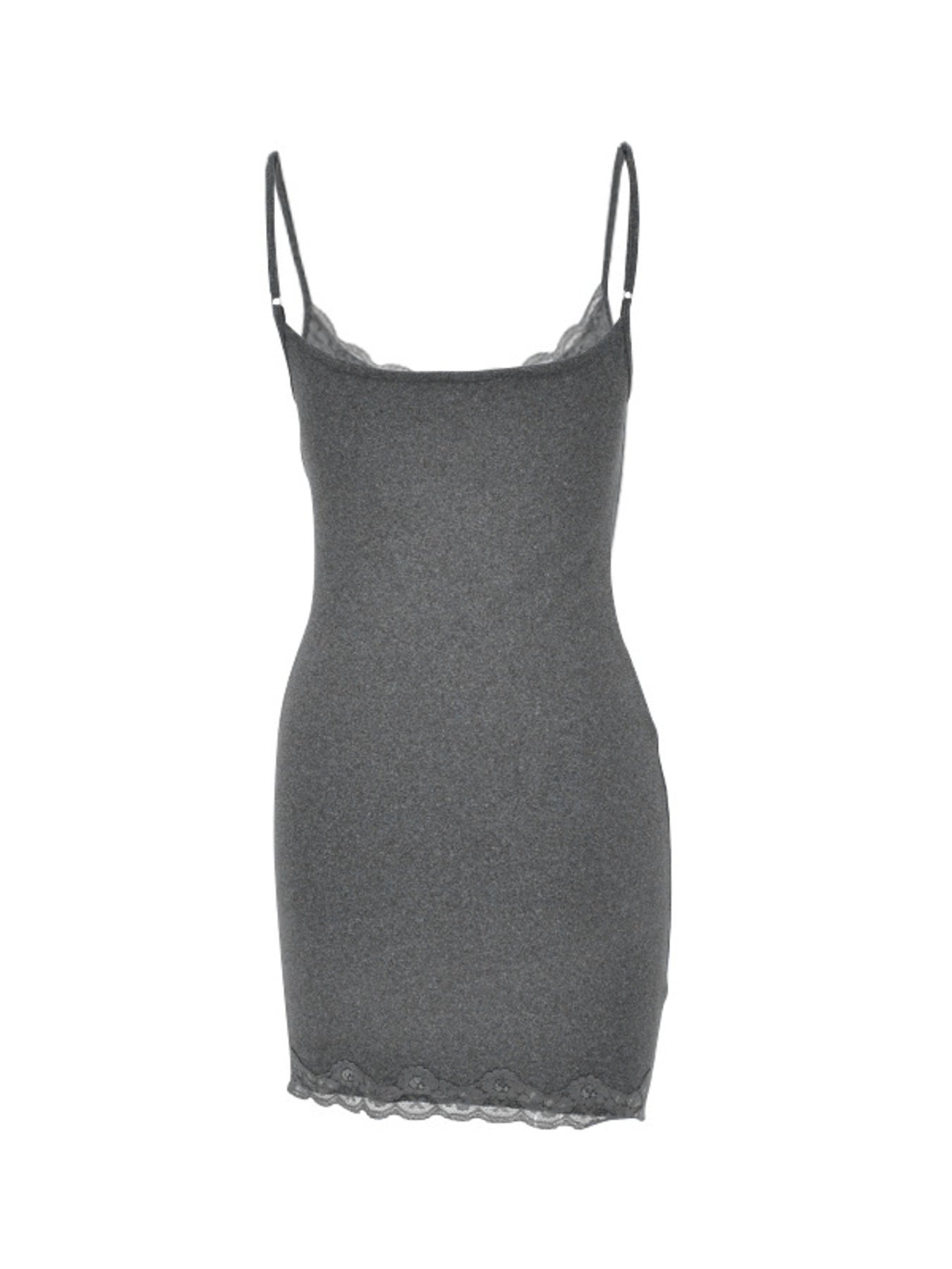 Grey lace trim bodycon mini dress with spaghetti straps.