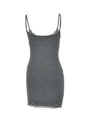 Grey lace trim bodycon mini dress with spaghetti straps.