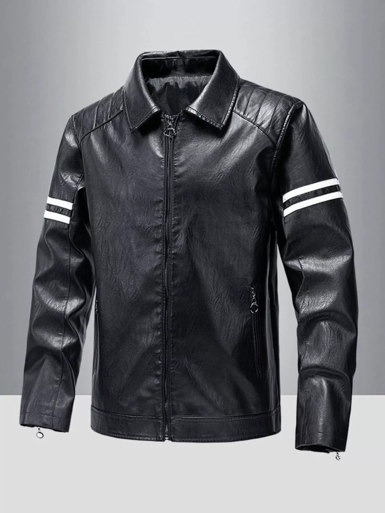 Men's black leather motorcycle jacket with white stripe detail on sleeves.
