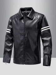 Men's black leather motorcycle jacket with white stripe detail on sleeves.