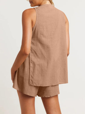 Camel linen co-ord set with a sleeveless top and shorts, showing back detail.