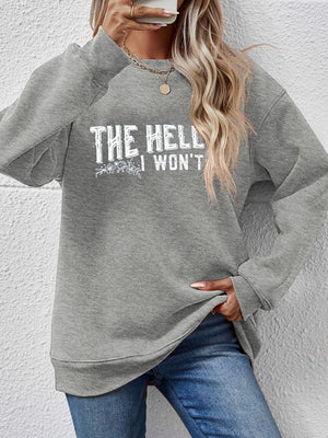 Graphic crewneck sweatshirt in charcoal with white text and floral detail, crew neck, long sleeves.
