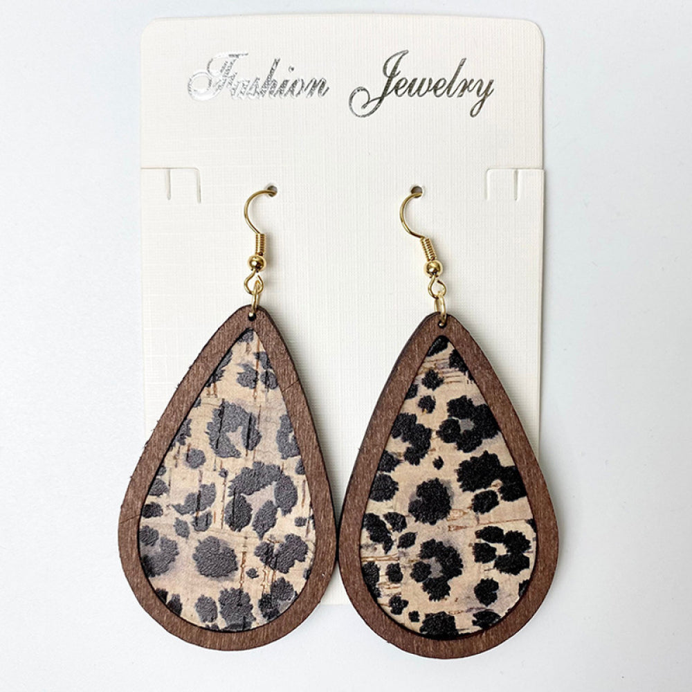 Teardrop cork earrings with botanical print and wooden frame