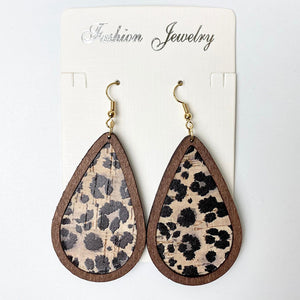 Teardrop cork earrings with botanical print and wooden frame