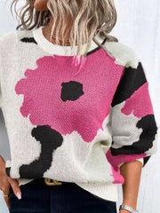 Abstract floral knit sweater with round neck in hot pink & black and white.